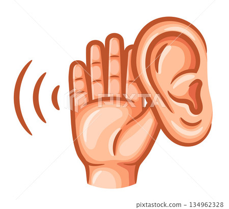 Ear hearing, deafness, listen noise hold hand near head, sound sensory perception organ person health problem. Eavesdrop secret conversation interesting news information, communication gesture. Vector Ear hearing, deafness, listen noise hold hand near head, sound sensory perception organ person health problem. Eavesdrop secret conversation interesting news information, communication gesture. Vector 134962328