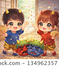 男孩和女孩播種豆 134962357