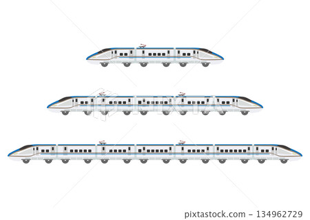 玩具風格的新幹線E7/W7系列插圖（3節車廂、5節車廂和7節車廂套裝） 134962729