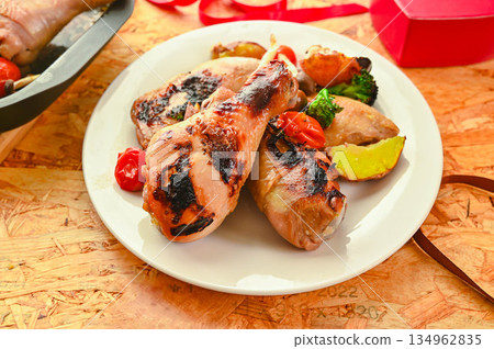 Roast chicken served on a plate with Japanese flavor Roast chicken served on a plate with Japanese flavor 134962835