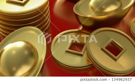 Luxury Golden Chinese Ingots and Coins on Red Background 3d render. 134962937