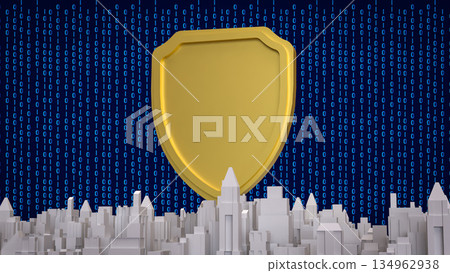 Cybersecurity Shield Protecting Digital City Infrastructure 3d render. 134962938