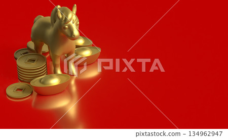 Golden Horse Statue with Chinese Gold Ingots on Red Background 3d render. 134962947