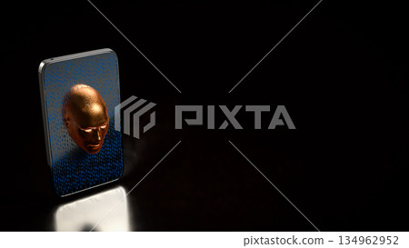 Artificial Intelligence Face Emerging from Secure Smartphone Screen 3d render. Artificial Intelligence Face Emerging from Secure Smartphone Screen 3d render. 134962952