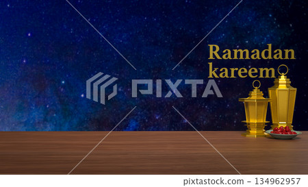 Ramadan Kareem Greeting with Golden Lanterns and Dates 3d render. Ramadan Kareem Greeting with Golden Lanterns and Dates 3d render. 134962957