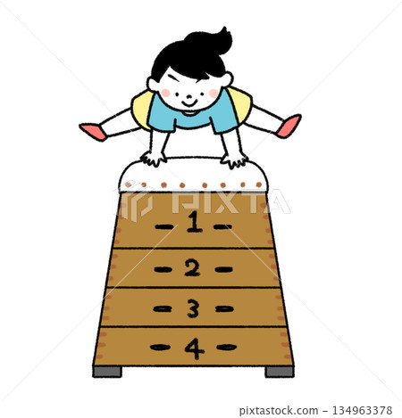 圖：一個女孩跳過一匹跳馬 134963378