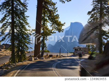 Yosemite Glacier Point Road RV and Half Dome Framed by Pine Trees Yosemite Glacier Point Road RV and Half Dome Framed by Pine Trees 134963455