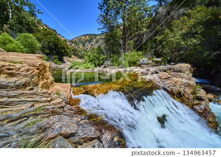 River Waterfall Flowing Over Rocky Ledge with Lush Greenery and Clear Blue Sky River Waterfall Flowing Over Rocky Ledge with Lush Greenery and Clear Blue Sky 134963457