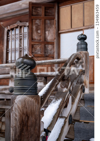 Snow-covered stairs and spires of the main temple Snow-covered stairs and spires of the main temple 134963459