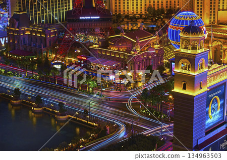 Las Vegas Strip Night Lights Paris Hotel Bellagio Tower Urban Cityscape Las Vegas Strip Night Lights Paris Hotel Bellagio Tower Urban Cityscape 134963503
