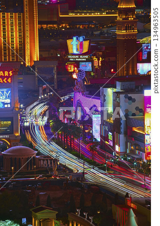 Las Vegas Strip Nightlife Neon Lights and Traffic Trails in Nevada Las Vegas Strip Nightlife Neon Lights and Traffic Trails in Nevada 134963505