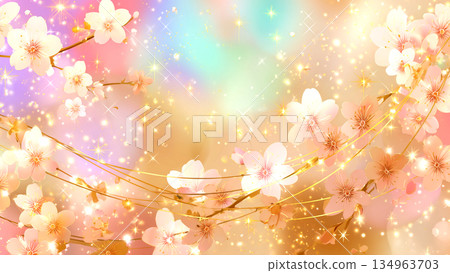 閃耀的金色背景上點綴著白色的櫻花 134963703