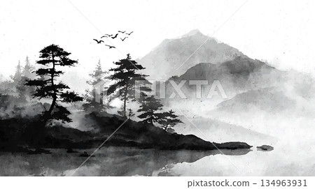 Ink painting style mountain waterside tree bird silhouette landscape 134963931