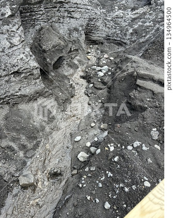 Earth cave tour of Mýrdalsjökull glacier, Iceland, with black glacier and small stream of meltwater Earth cave tour of Mýrdalsjökull glacier, Iceland, with black glacier and small stream of meltwater 134964500