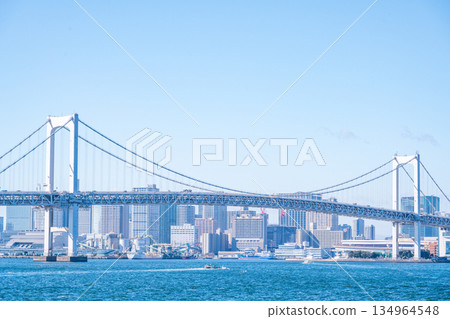 TOKYO, JAPAN - 29, JAN. 2025 : cityscape of Tokyo skyline with Tokyo tower and rainbow bridge at daytime in Japan TOKYO, JAPAN - 29, JAN. 2025 : cityscape of Tokyo skyline with Tokyo tower and rainbow bridge at daytime in Japan 134964548
