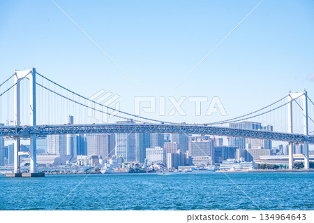 TOKYO, JAPAN - 29, JAN. 2025 : cityscape of Tokyo skyline with Tokyo tower and rainbow bridge at daytime in Japan TOKYO, JAPAN - 29, JAN. 2025 : cityscape of Tokyo skyline with Tokyo tower and rainbow bridge at daytime in Japan 134964643