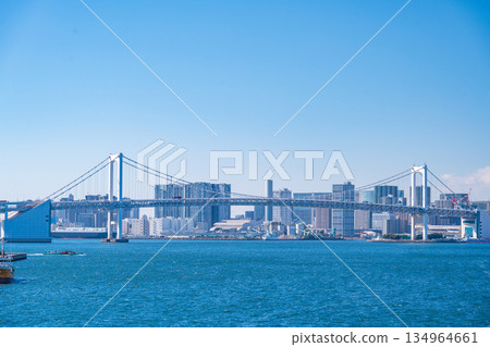TOKYO, JAPAN - 29, JAN. 2025 : cityscape of Tokyo skyline with Tokyo tower and rainbow bridge at daytime in Japan TOKYO, JAPAN - 29, JAN. 2025 : cityscape of Tokyo skyline with Tokyo tower and rainbow bridge at daytime in Japan 134964661