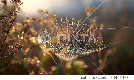 Spider webs and plants shining with morning dew Spider webs and plants shining with morning dew 134964774