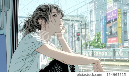 Pondering, Reflecting, Resigning—A young woman watches the raindrops falling from the window 134965315