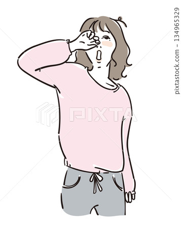 Cute woman's upper body after waking up Cute woman's upper body after waking up 134965329