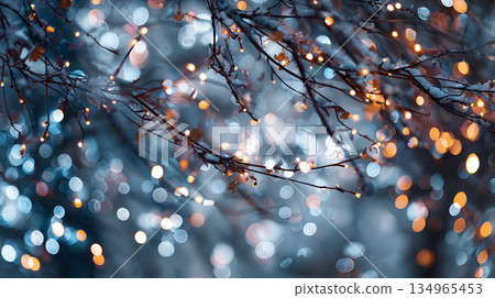 冬日樹木在燈光、白雪和散景的背景下，呈現出夢幻般的背景。 134965453