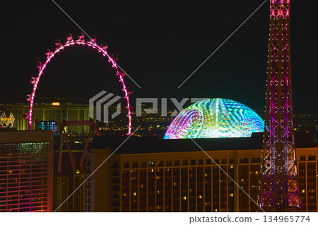 Las Vegas Strip Night Observation Wheel Colorful Dome and Eiffel Tower View 134965774
