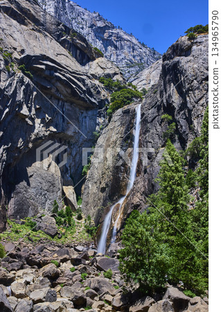Yosemite Lower Falls Waterfall Granite Cliffs and Lush Green Trees Yosemite Lower Falls Waterfall Granite Cliffs and Lush Green Trees 134965790