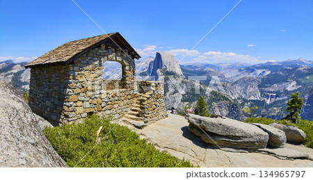 Yosemite Glacier Point Geology Hut with Half Dome and Scenic Mountain Panorama 134965797