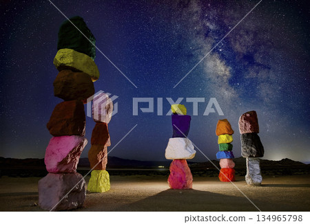 Seven Magic Mountains Colorful Rock Stacks Under Starry Night Sky Nevada 134965798