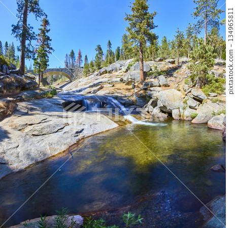 Panoramic River Pool Granite Cascade and Stone Bridge in Sequoia National Park Panoramic River Pool Granite Cascade and Stone Bridge in Sequoia National Park 134965811