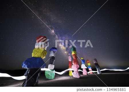 Seven Magic Mountains Light Painting and Milky Way Night Sky in Nevada Desert 134965881