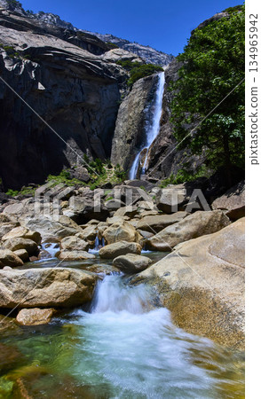 Panorama of Yosemite Lower Falls Trail with Waterfall Stream and Granite Boulders 134965942
