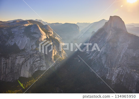 Half Dome Sunrise Sunbeam Over Yosemite Valley from Glacier Point California 134965950
