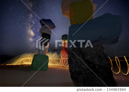 Seven Magic Mountains Nevada Colorful Stacked Rocks Under Milky Way Night Sky Seven Magic Mountains Nevada Colorful Stacked Rocks Under Milky Way Night Sky 134965984