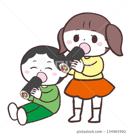 Illustration of children eating ehomaki side by side 134965992