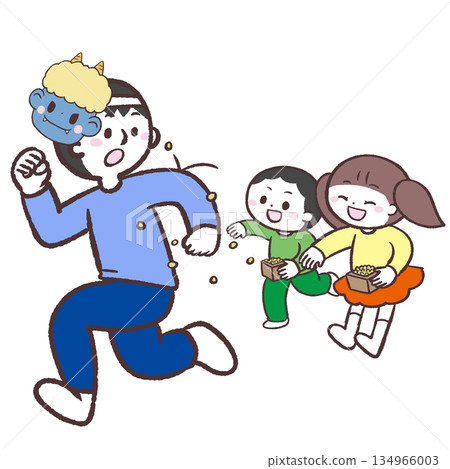 一幅描繪孩子扔豆子和奔跑的惡魔的插圖 134966003