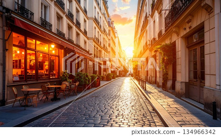 黃昏時分，鏡頭以電影般的平視角度拍攝了法國小鎮中一條狹窄的鵝卵石街道。 134966342