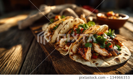 Authentic grilled chicken street tacos on rustic table with vibrant salsa and toppings, perfect for food photography use. 134966353