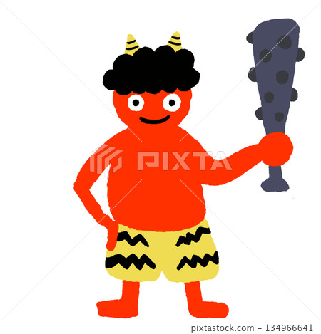 節分紅鬼插畫 - 手持金棒的可愛惡魔 - PNG 134966641