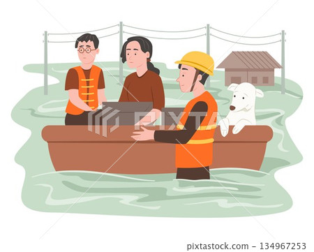 Rescue Worker Volunteer Help People and Pet Evacuate from the Floodwaters for Natural Disaster and Emergency Situation Concept Illustration Rescue Worker Volunteer Help People and Pet Evacuate from the Floodwaters for Natural Disaster and Emergency Situation Concept Illustration 134967253