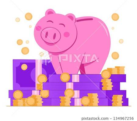 Piggy Bank Character Standing on Stack of Cash Money and Coins for Savings and Investment Concept Illustration 134967256