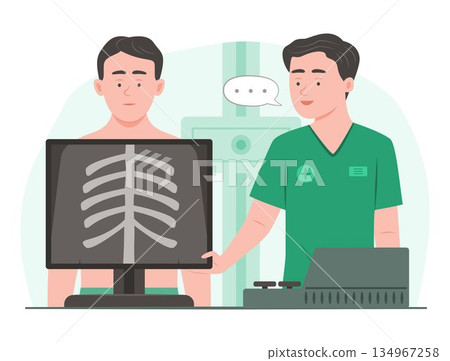 Doctor Using an X-ray to Examine the Diagnosis of Patient Following Medical Procedure for Healthcare and Health Check-Up Concept Illustration 134967258