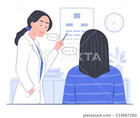 Ophthalmologist Eye Doctor Tests the Patient's Eyesight with Snellen Chart in Hospital's Optometry Clinic for Eye Health Check-Up, Visual Acuity Test and Vision Healthcare Concept Illustration 134967260