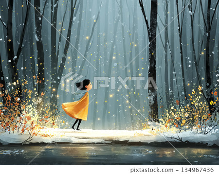 年輕女子在雪林中翩翩起舞 | 奇幻繪本風格插圖 年輕女子在雪林中翩翩起舞 | 奇幻繪本風格插圖 134967436