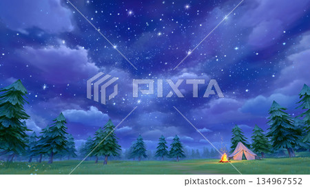 Tents and campfires under a 3D cartoon starry sky Tents and campfires under a 3D cartoon starry sky 134967552