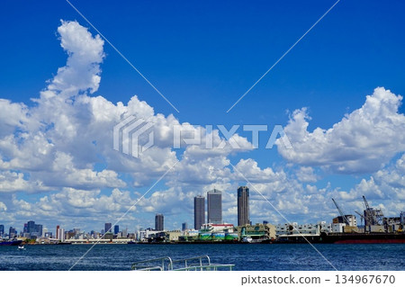A view of the Aji River looking upstream from Universal City Port in Konohana Ward, Osaka City A view of the Aji River looking upstream from Universal City Port in Konohana Ward, Osaka City 134967670