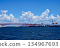 View of the red Minato Bridge from offshore Osaka Port, Suminoe Ward, Osaka City 134967693
