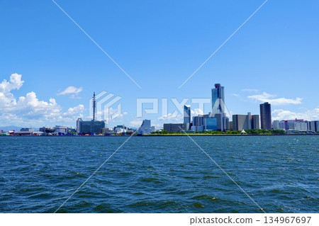 View of Sakishima Cosmo Tower in Nanko from the mouth of the Aji River off Osaka Port, Suminoe Ward, Osaka City 134967697
