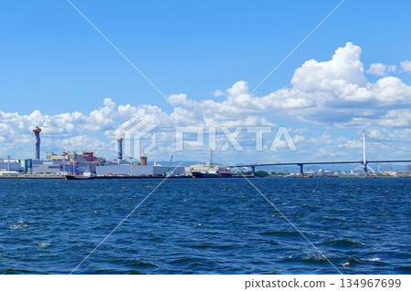 從大阪港海岸眺望大阪市建築局舞島污泥處理中心這棟獨特的建築。大阪市木花區。 134967699