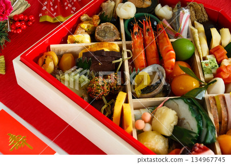 Image material of New Year's dishes (red background) 134967745
